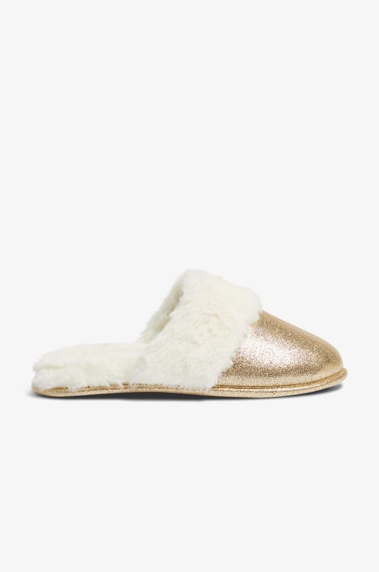 Glittery Faux Fur Mule Slippers;${refinementColor}