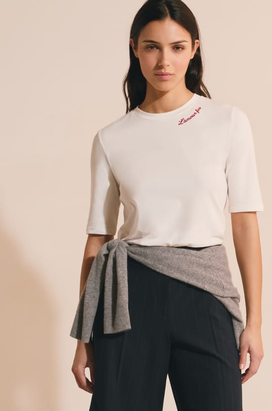 T-shirt en coton brod&eacute; manches coudes;${refinementColor}