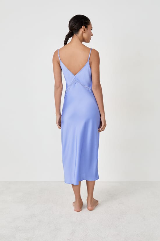 Long satin nightdress with lace details;${refinementColor}