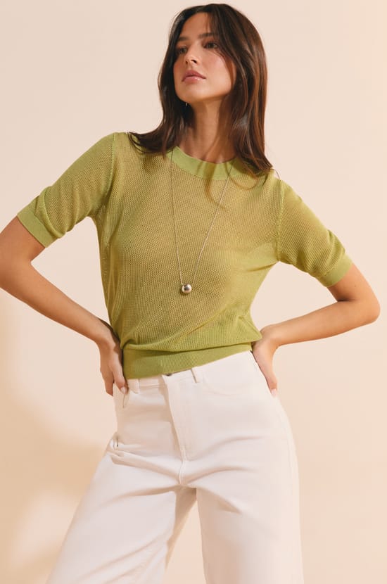 Openwork Short-Sleeved Sweater;${refinementColor}