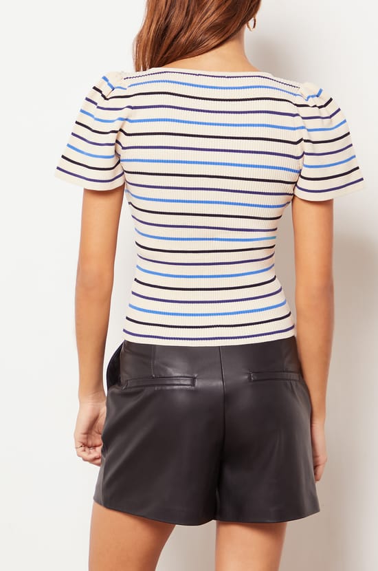 Striped Short-sleeved Puff Sweater;${refinementColor}