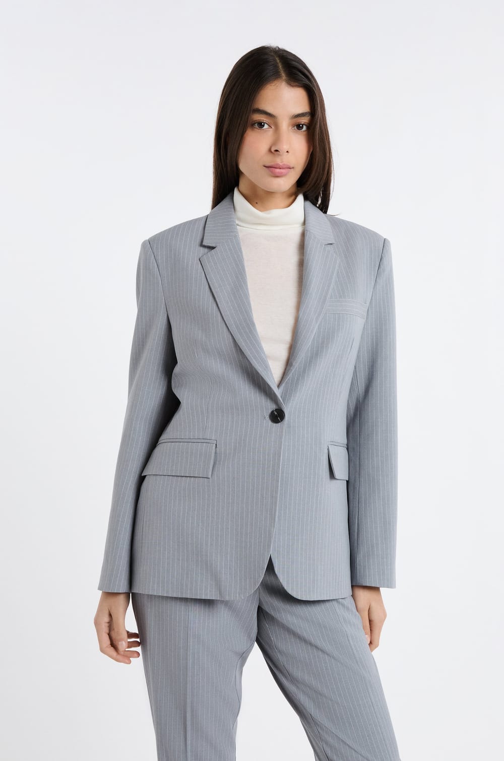 Striped buttoned blazer jacket;${refinementColor}