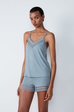 Camisole with thin straps and lace neckline;${refinementColor}