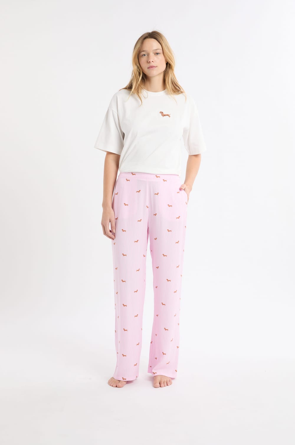 Pantalon de pyjama à rayures à motifs chiens;${refinementColor}