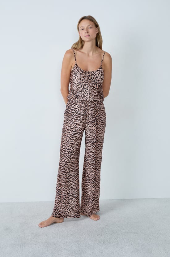 Satin Pajama Pants With Leopard Print;${refinementColor}