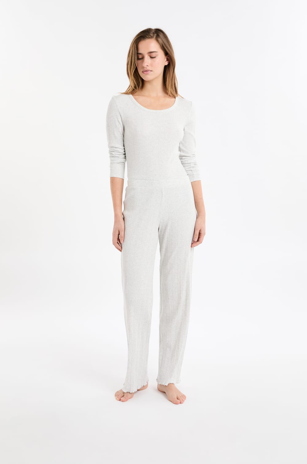 Straight ribbed cotton pyjama trousers;${refinementColor}