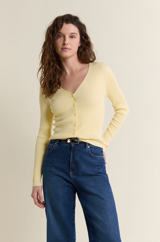 Pull cardigan manches longues en maille c&ocirc;tel&eacute;e;${refinementColor}