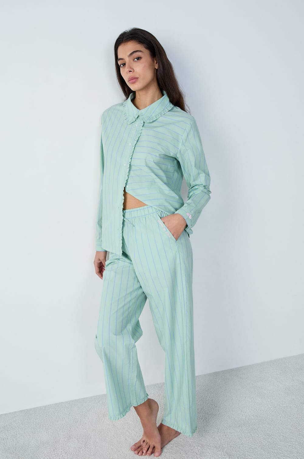 Cotton Pyjama Trousers Straight Cut with Stripes;${refinementColor}
