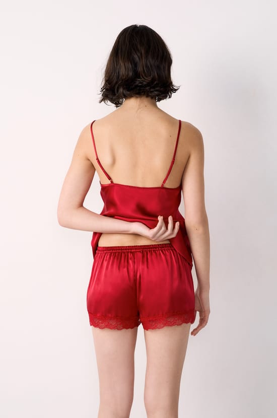 Silk pyjama shorts with lace details;${refinementColor}