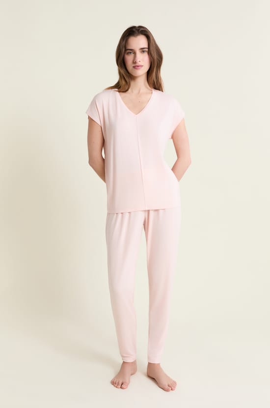 Camiseta de pijama de manga corta con cuello en V de modal;${refinementColor}