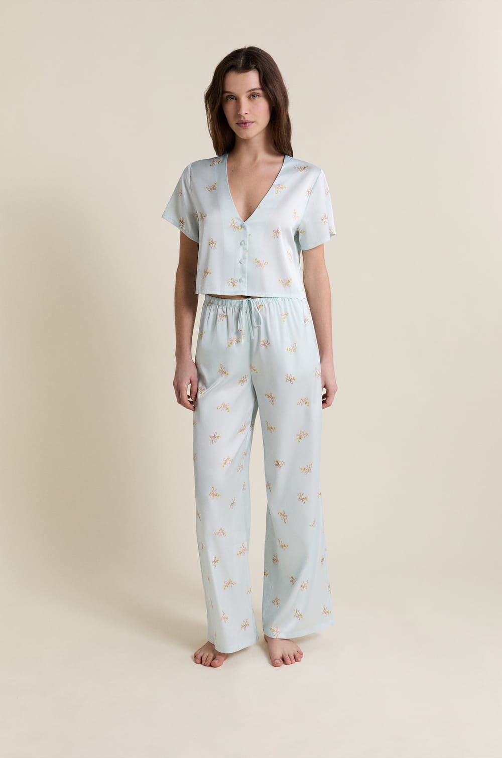 Pantalon de pyjama satin&eacute; &agrave; motifs;${refinementColor}