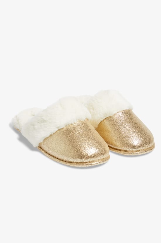 Glittery Faux Fur Mule Slippers;${refinementColor}