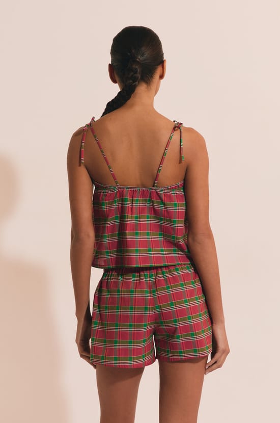 Caraco de pyjama &agrave; carreaux en coton;${refinementColor}