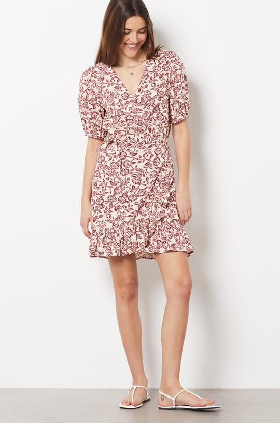 Floral Wrap Mini Dress with Tie Waist;${refinementColor}