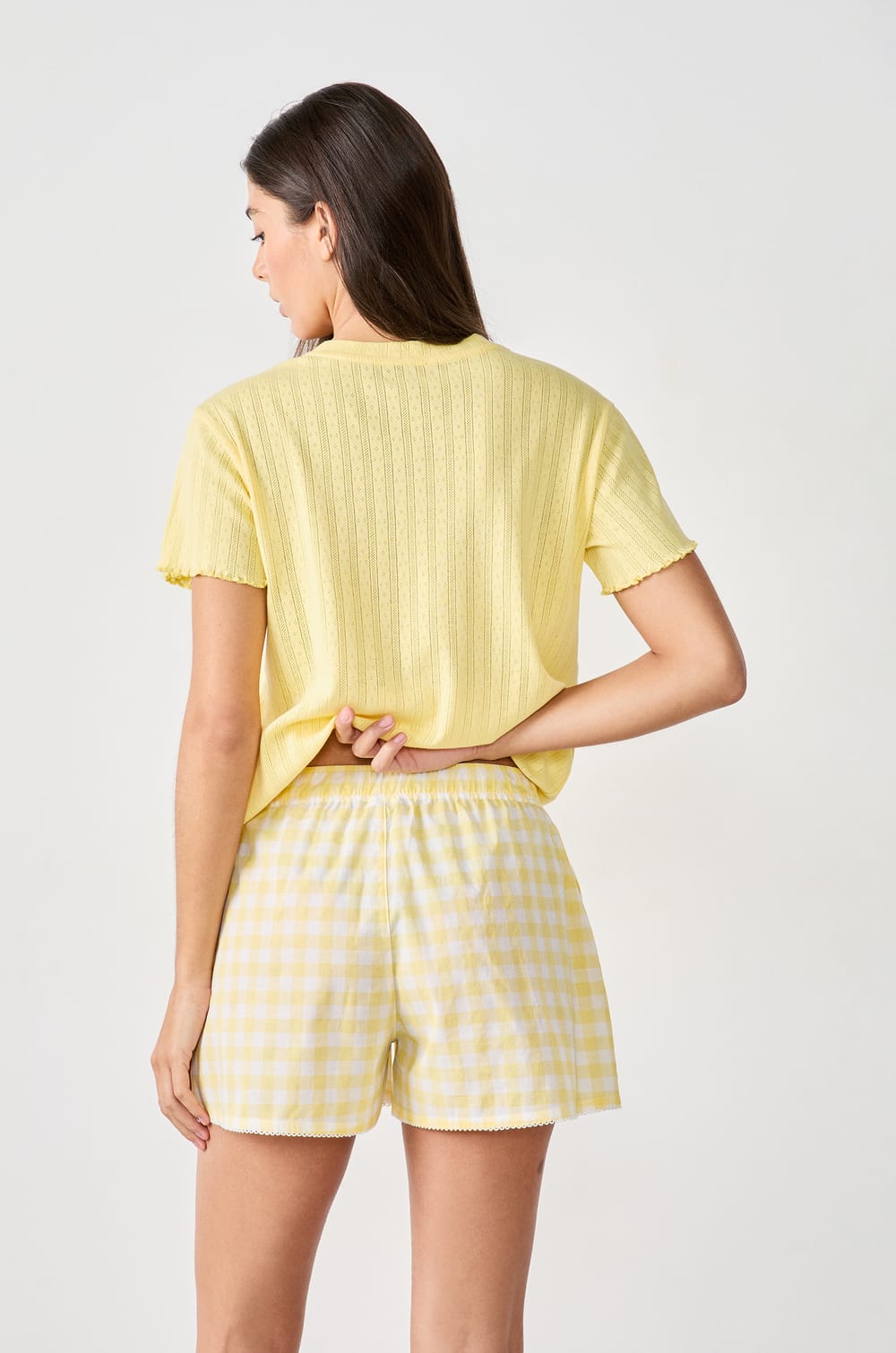 Cotton pyjama shorts with checks;${refinementColor}