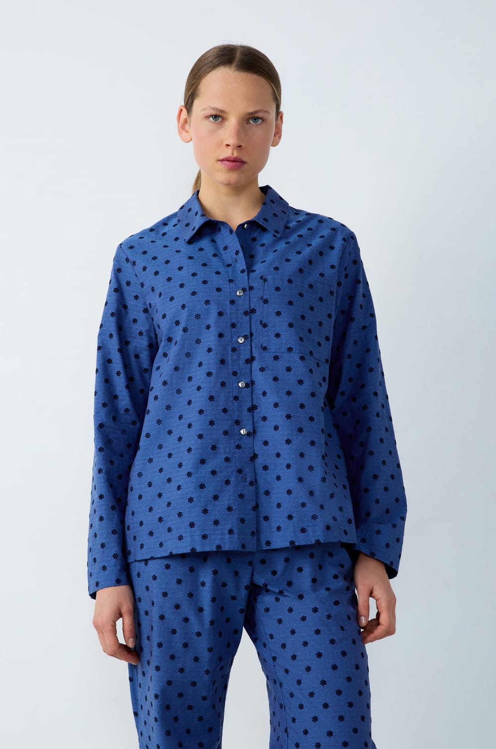 Cotton Pyjama Shirt with Polka Dots;${refinementColor}