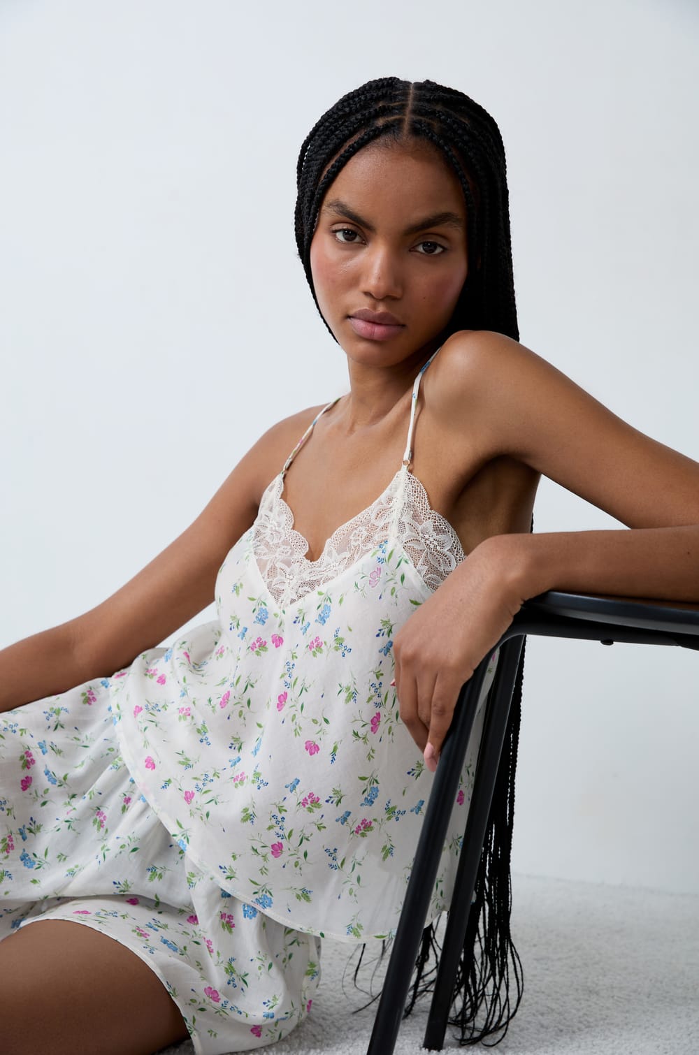 Floral print satin pyjama top with lace neckline;${refinementColor}