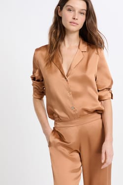 Long-Sleeved Washable Silk Pajama Shirt;${refinementColor}