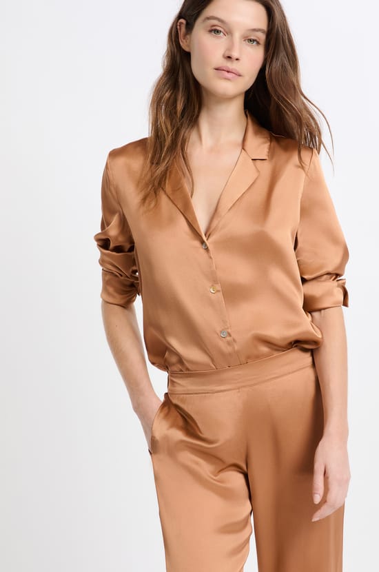 Chemise de pyjama manches longues en soie;${refinementColor}