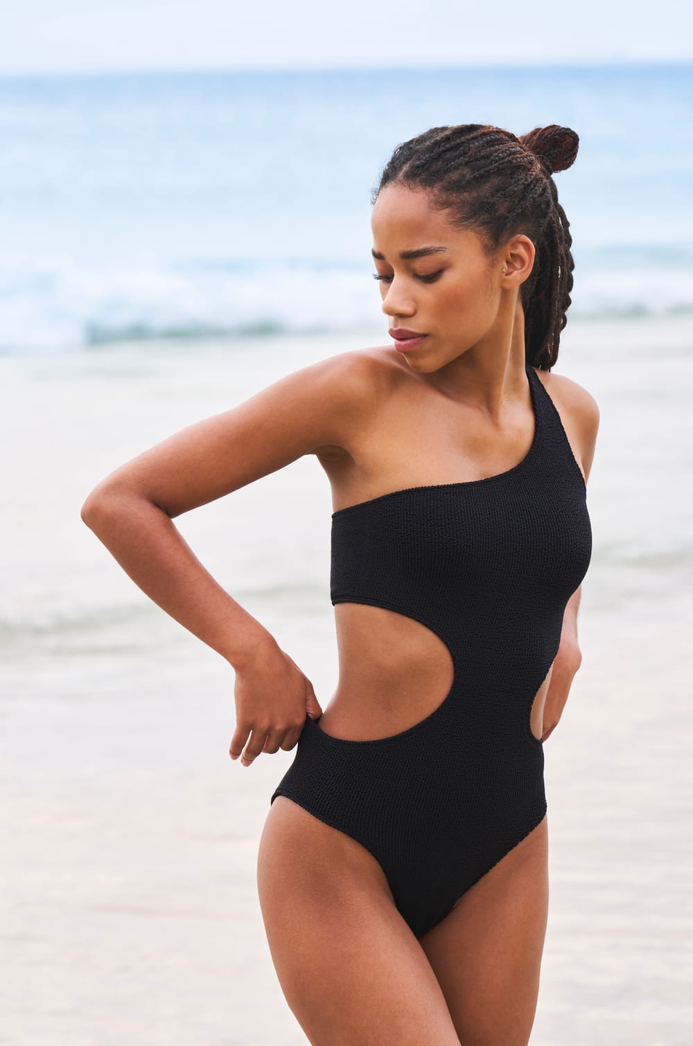 One-Piece Swimsuit with Side Cut-Outs in Stretchy Material;${refinementColor}