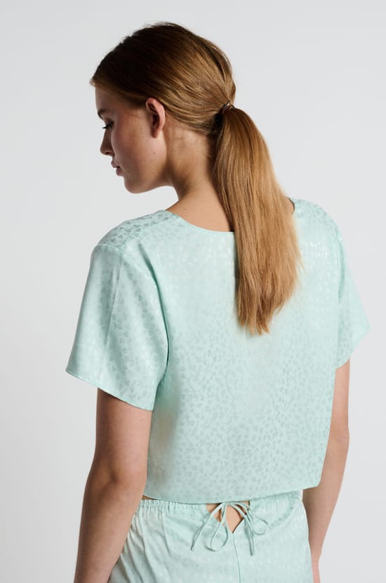 Printed satin blouse with short sleeves and bows;${refinementColor}