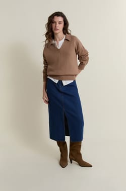 V-neck Polo with Long Sleeves in Cotton;${refinementColor}