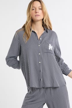 Camisa de pijama a rayas con bordado de caniche;${refinementColor}