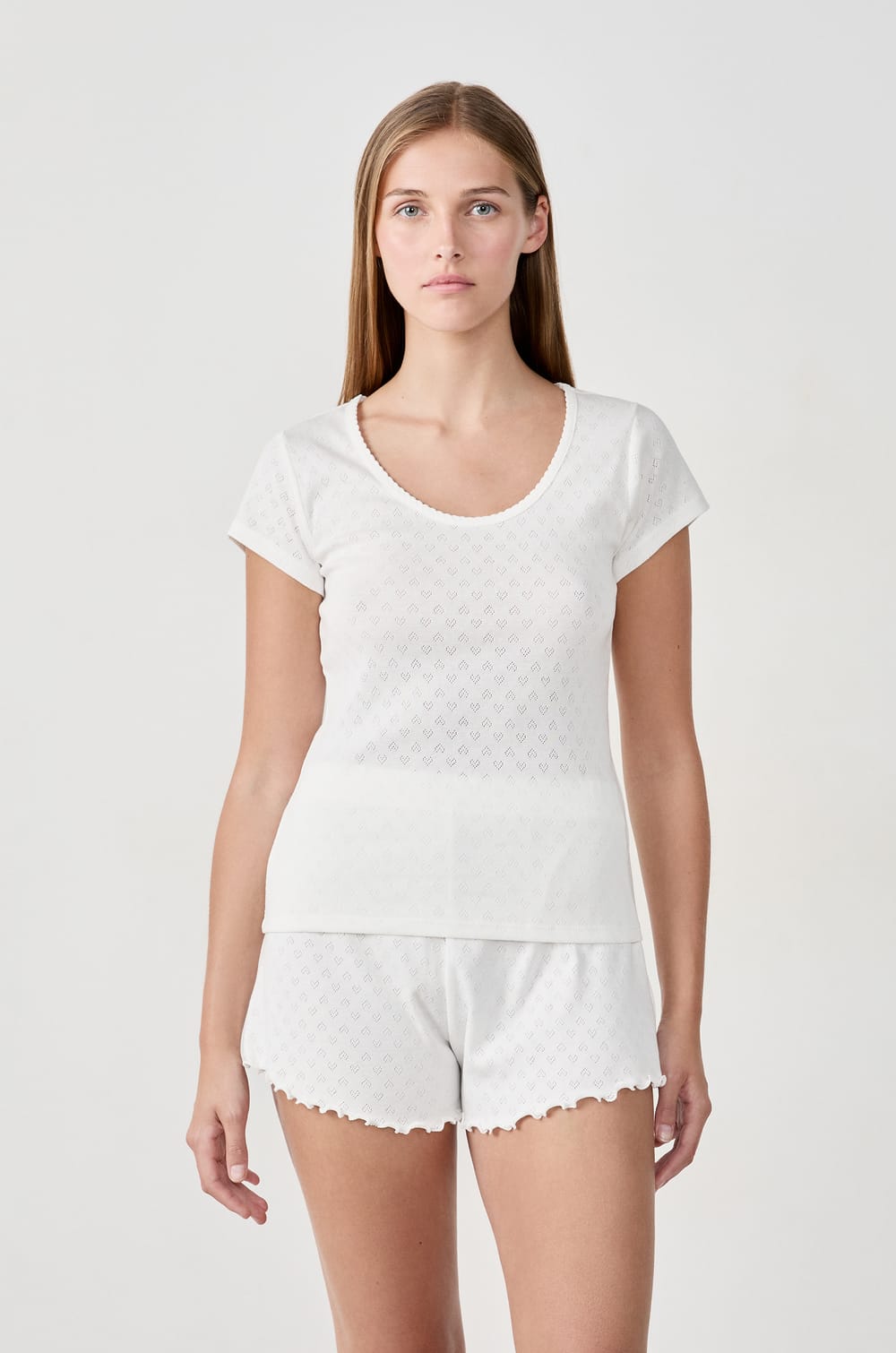 T-shirt de pyjama manches courtes en coton en pointelle;${refinementColor}
