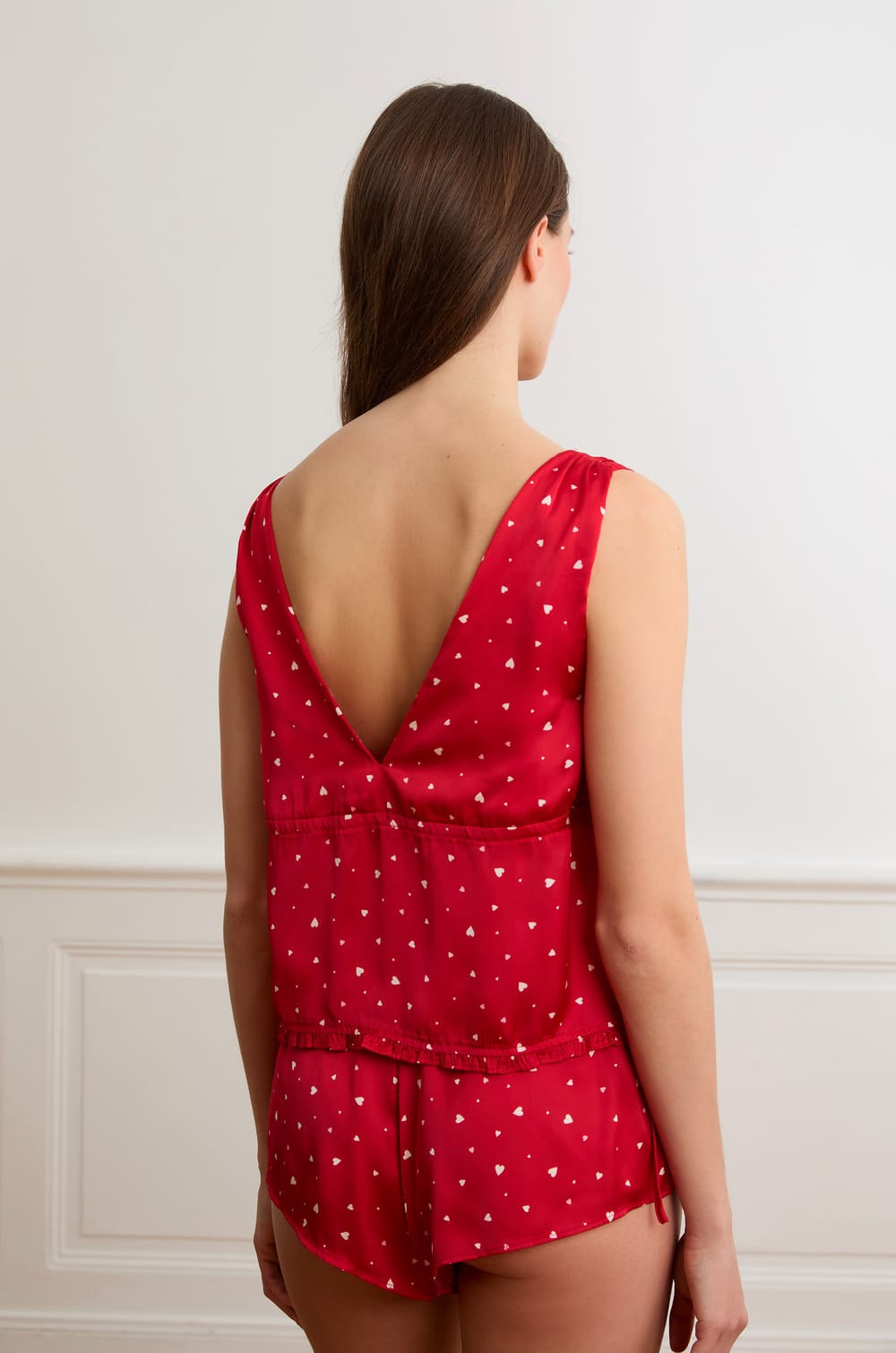 Satin Front-Tie Top With Heart Pattern;${refinementColor}