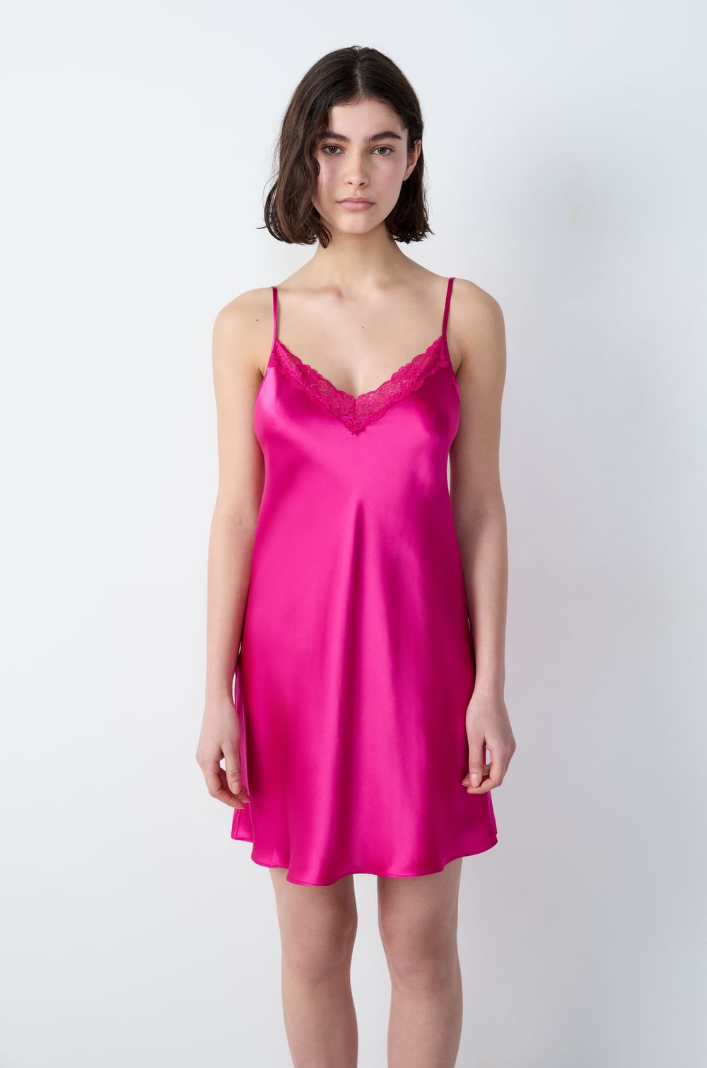 Silk nightdress with lace details;${refinementColor}