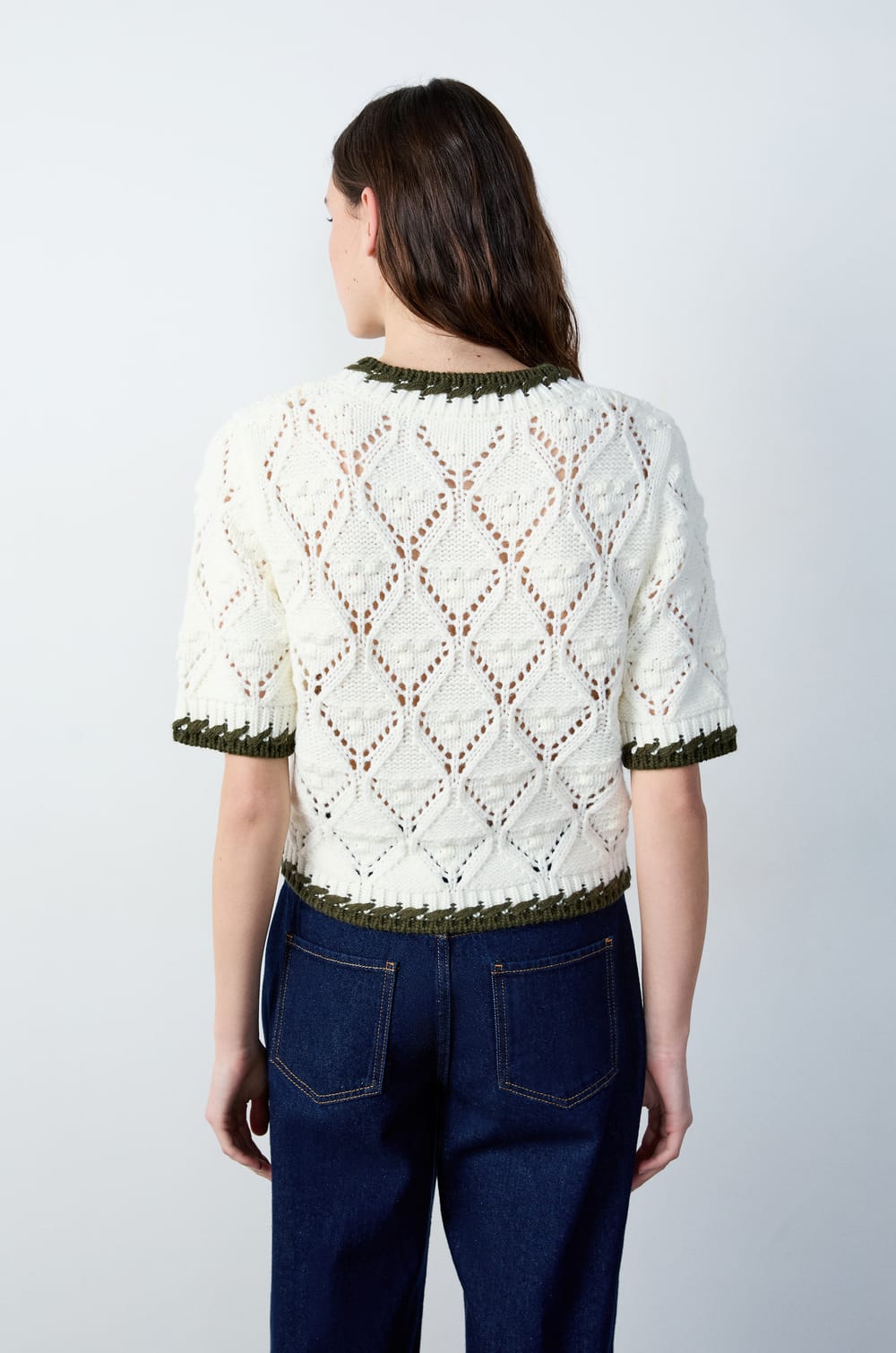 Short-sleeved sweater with openwork knit;${refinementColor}
