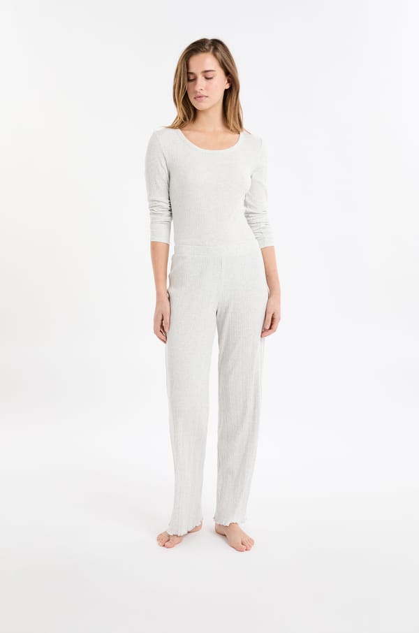 Straight ribbed cotton pyjama trousers;${refinementColor}