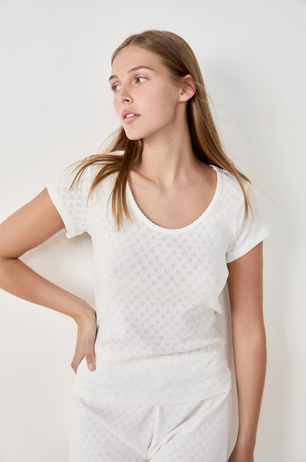 T-shirt de pyjama manches courtes en coton en pointelle;${refinementColor}