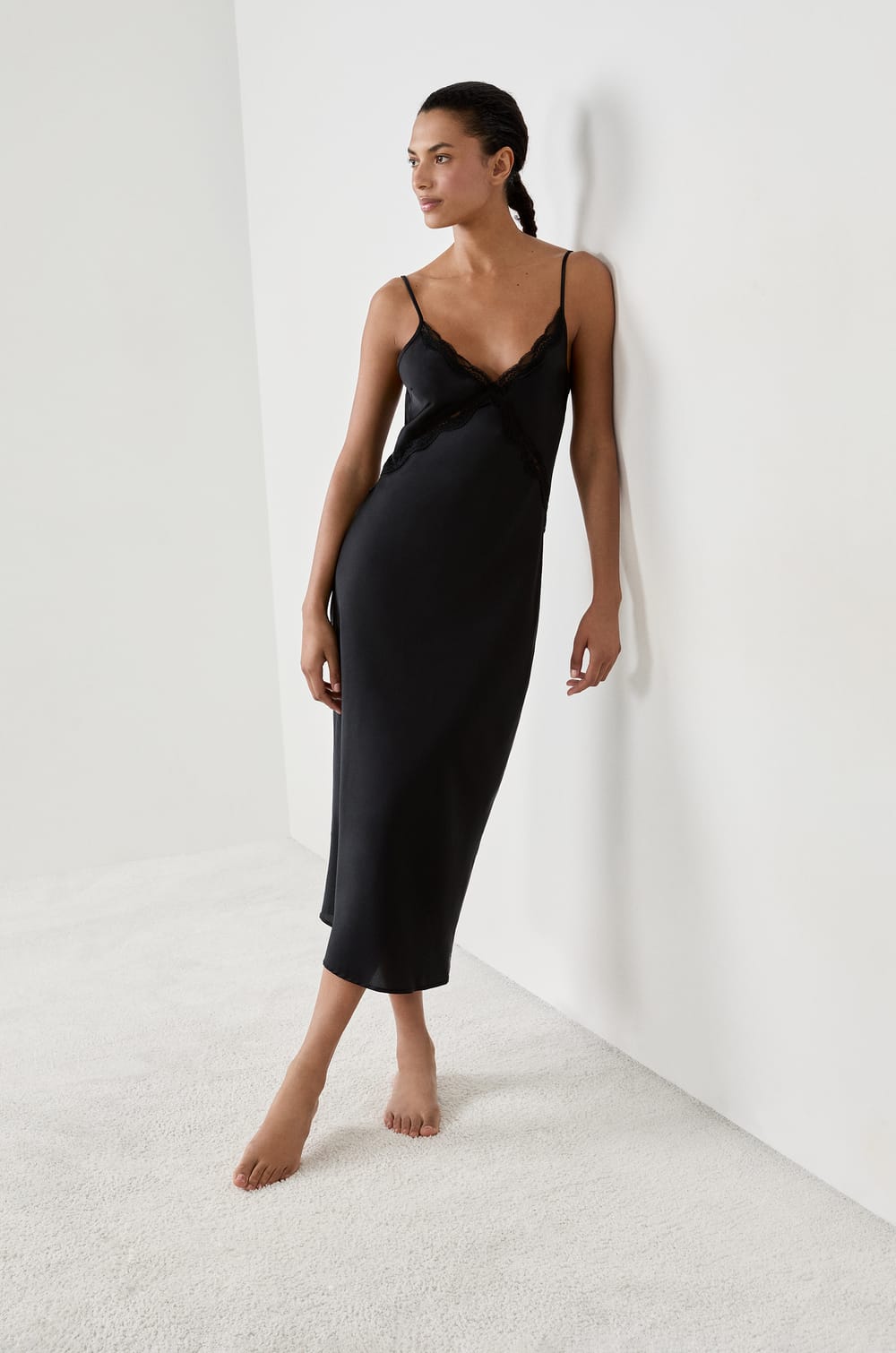 Long satin nightdress with lace details;${refinementColor}