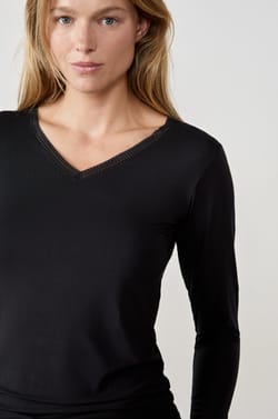T-shirt manches longues col V en maille thermique ;${refinementColor}