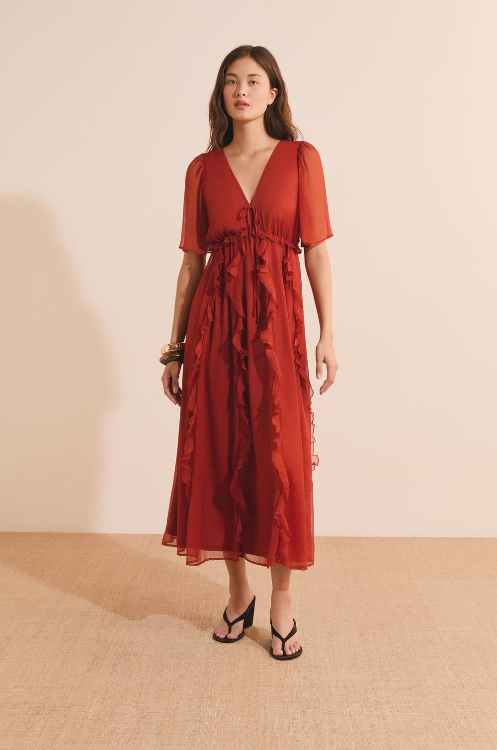 Robe midi manches courtes;${refinementColor}
