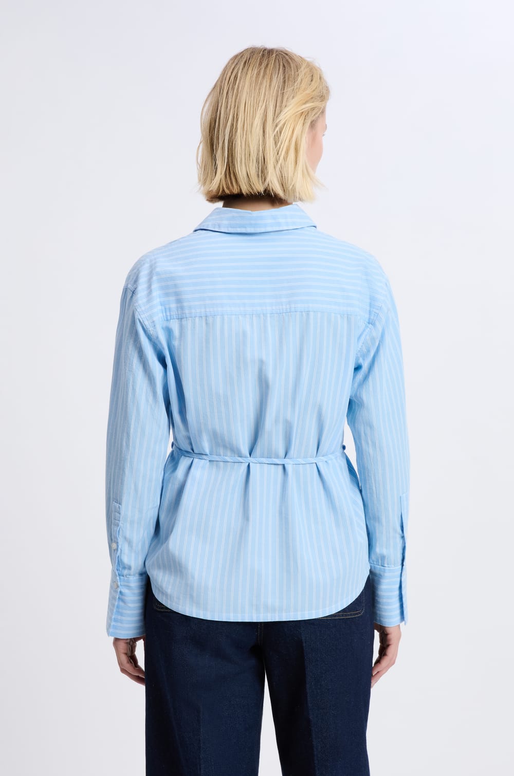 Long-sleeved cotton shirt with belt;${refinementColor}