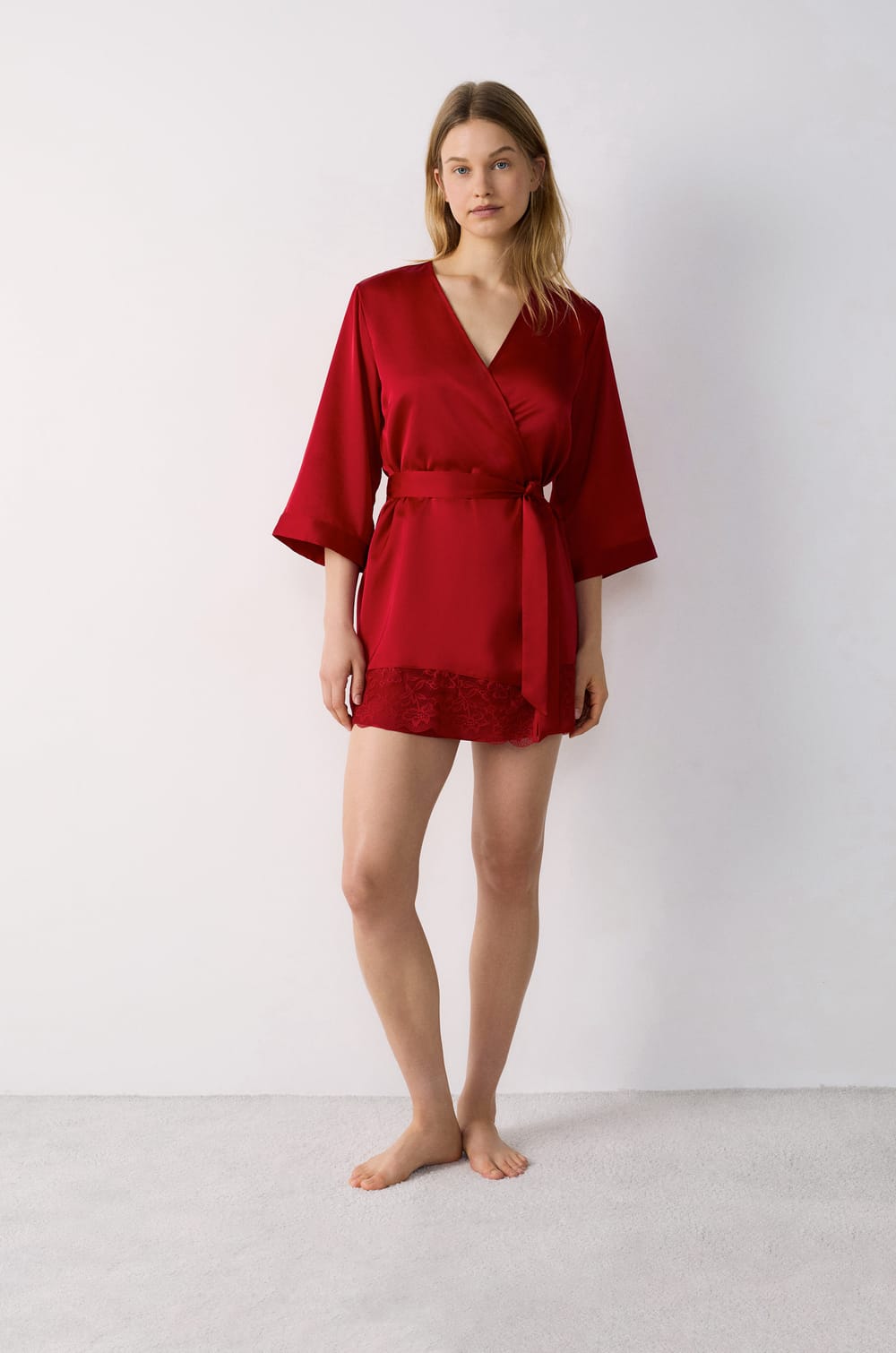 Satin Robe with Lace Details;${refinementColor}