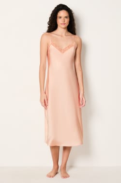 Long Satin Nightie With Lace Details;${refinementColor}