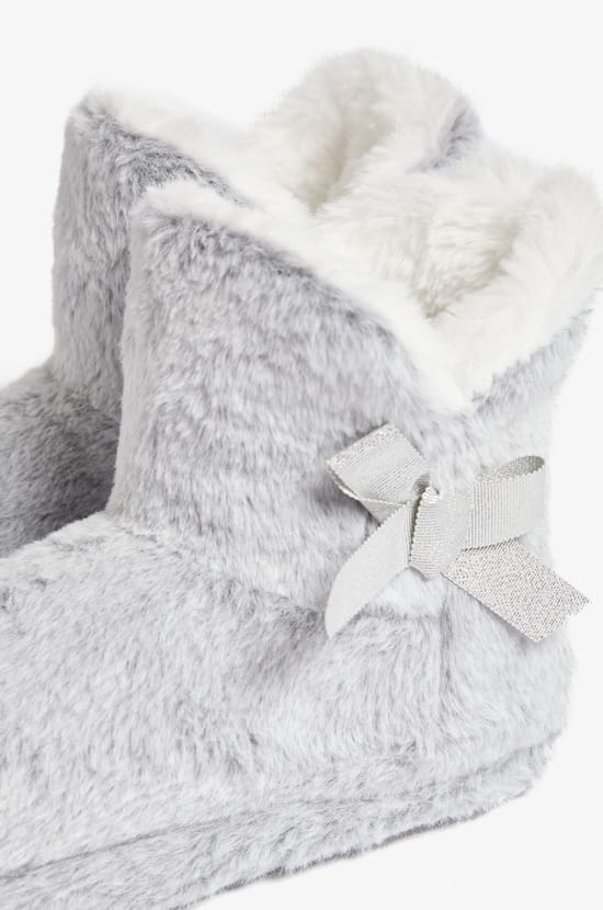 Lined Ankle Boot Slippers with Bow Details;${refinementColor}
