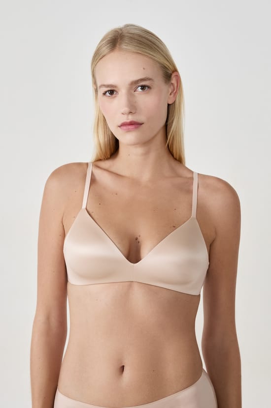 Shiny effect triangle bra;${refinementColor}