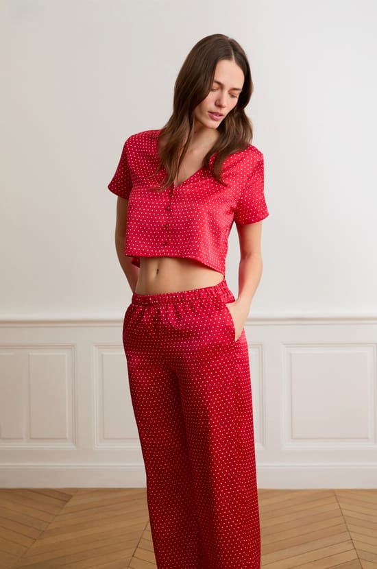 Pantalon de pyjama satin&eacute; &agrave; pois;${refinementColor}