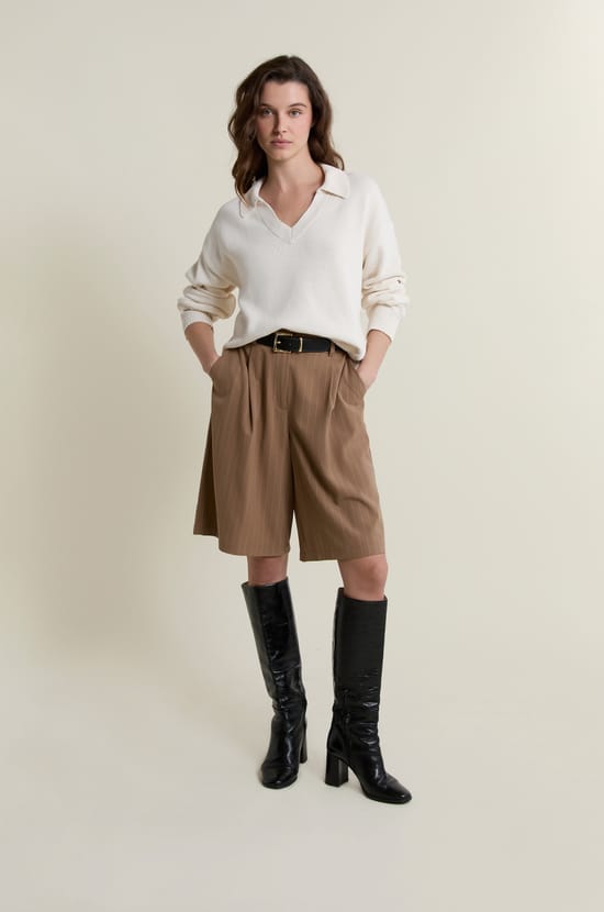 V-neck Long-Sleeved Polo Shirt with Cotton;${refinementColor}