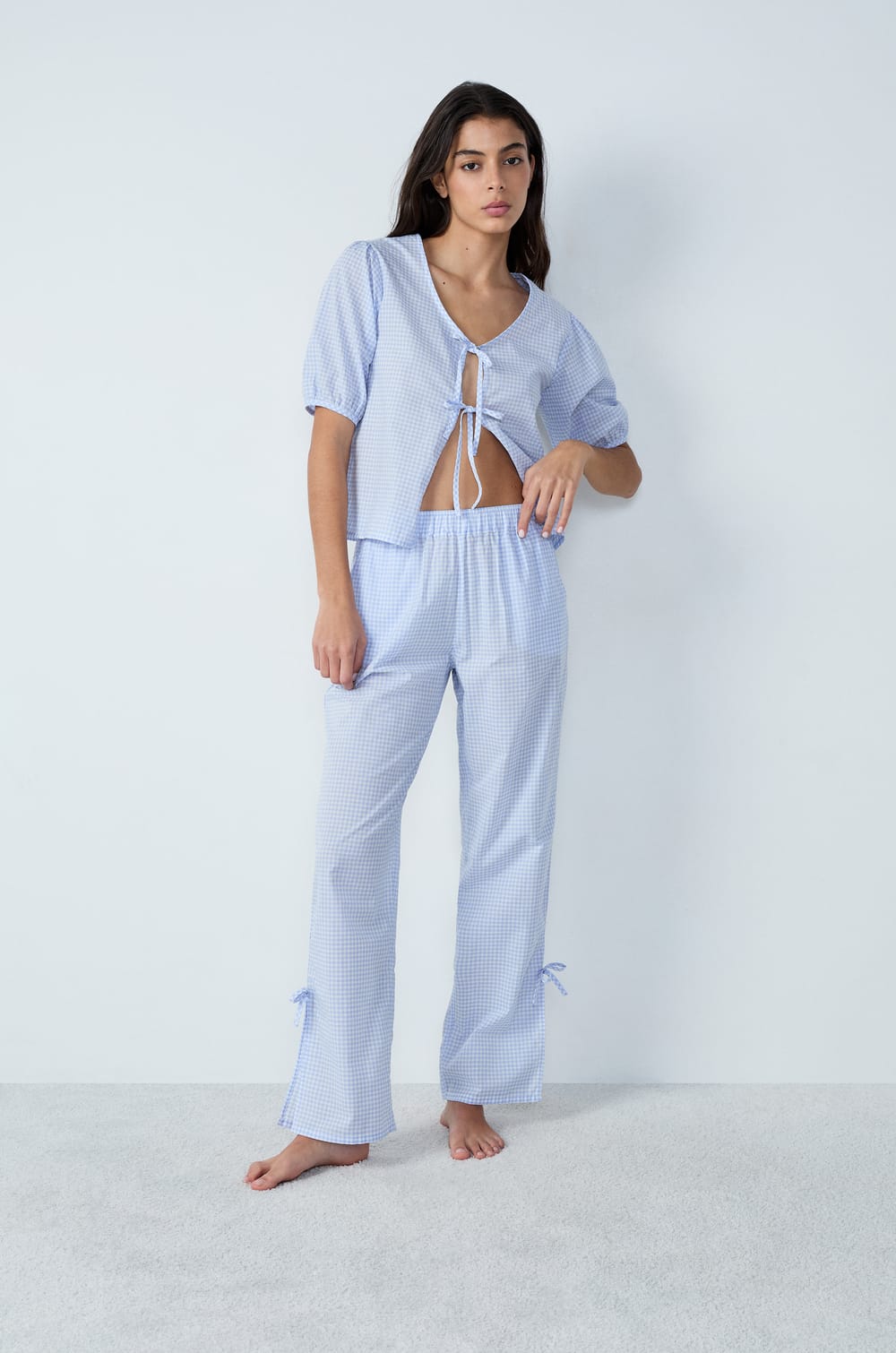 Cotton Straight-Cut Checkered Pyjama Trousers with Bow Details;${refinementColor}
