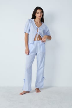Cotton Straight-Cut Checkered Pyjama Trousers with Bow Details;${refinementColor}