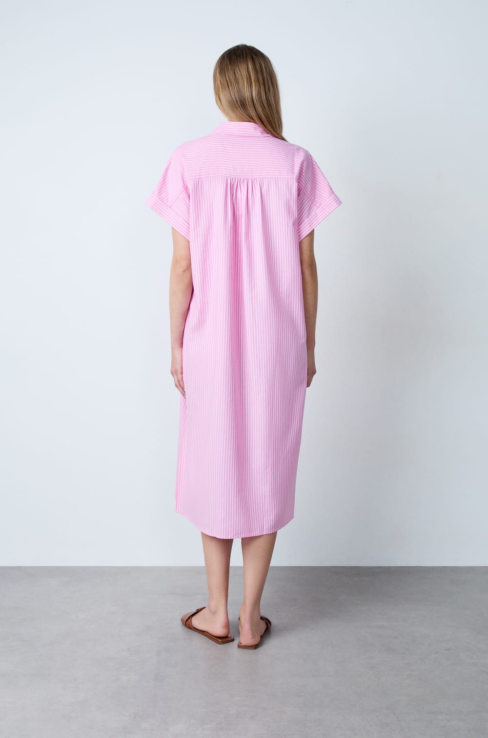 Robe mi-longue en coton manches courtes &agrave; rayures;${refinementColor}