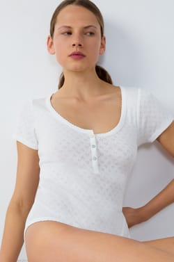 Body en coton en pointelle manches courtes;${refinementColor}