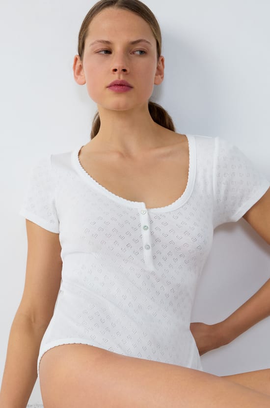 Body en coton en pointelle manches courtes;${refinementColor}