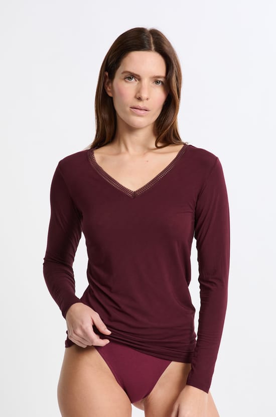 T-shirt col V maille thermique;${refinementColor}