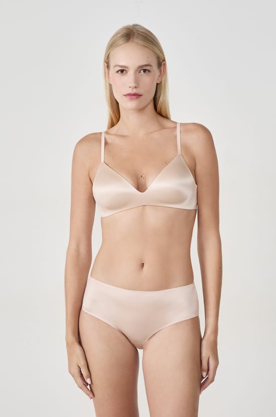 Shiny effect triangle bra;${refinementColor}